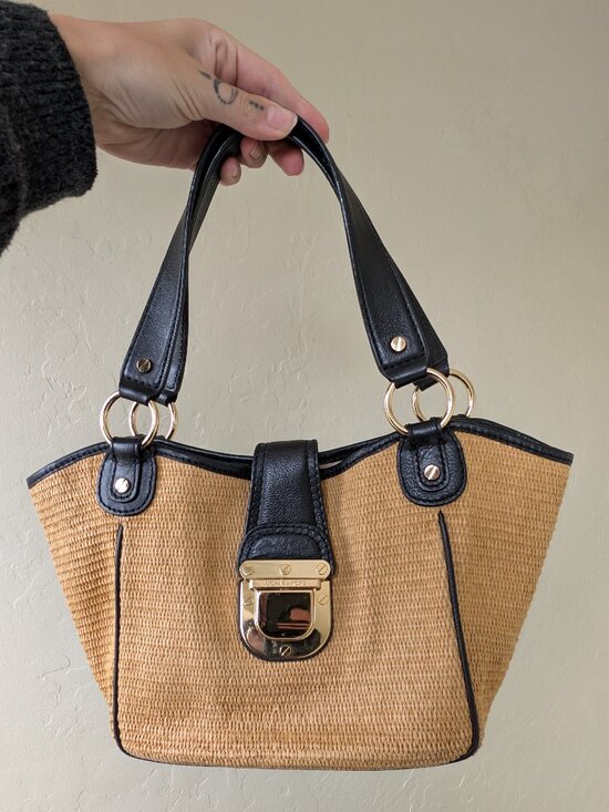 ✨ Chic Michael Kors Straw & Black Faux Leather Tote Bag ✨ - Picture 2 of 7